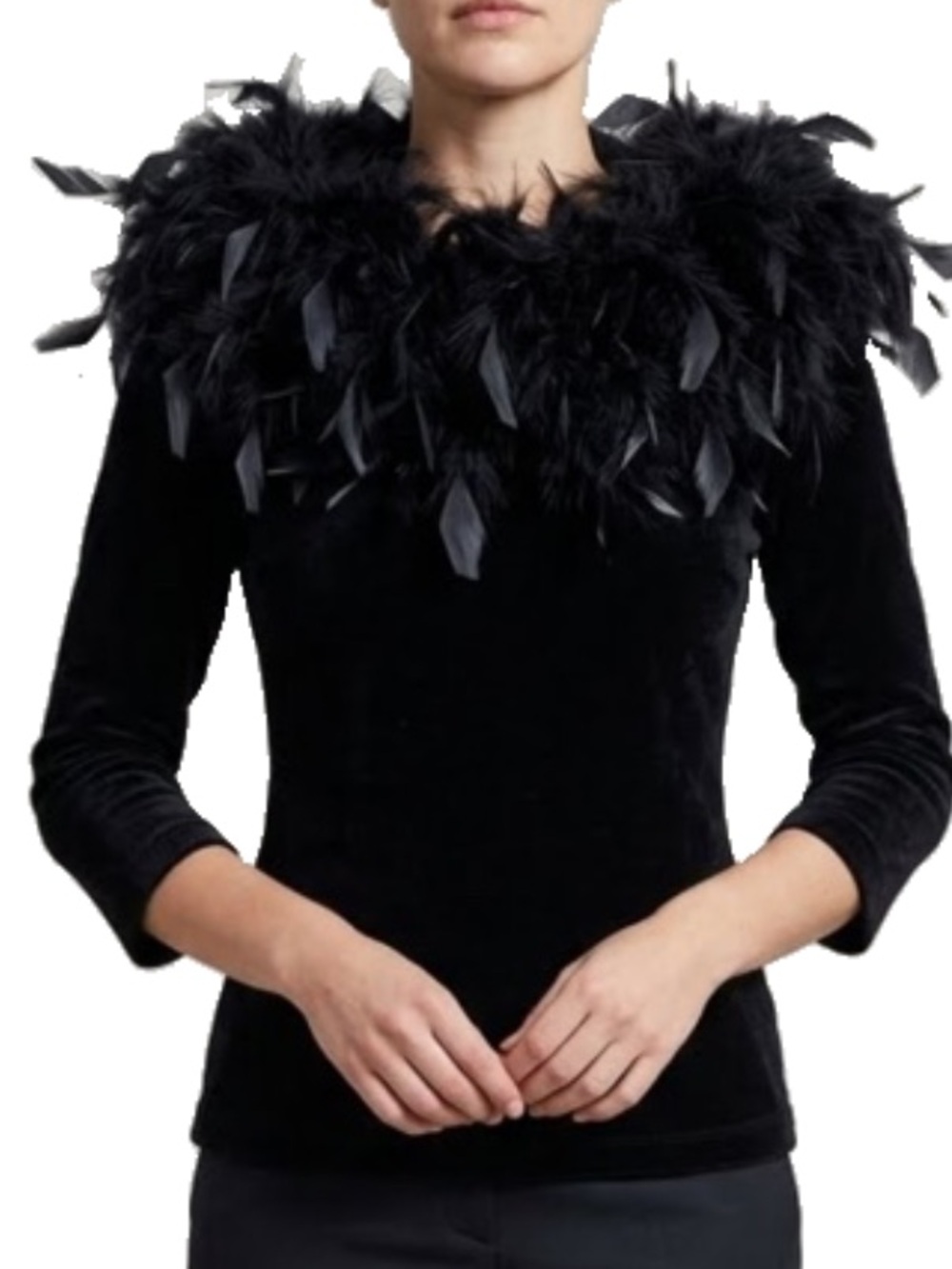 VINTAGE Black Velour/Velvet Pullover Top with Removable Feather Collar PM